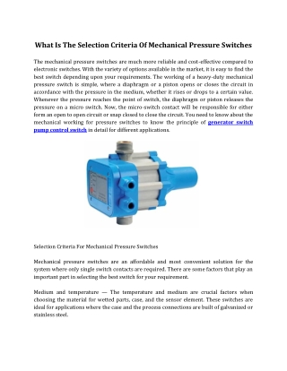 What Is The Selection Criteria Of Mechanical Pressure Switches