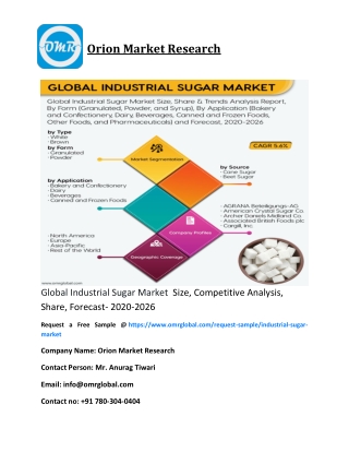 Global Industrial Sugar Market  Size, Competitive Analysis, Share, Forecast- 2020-2026
