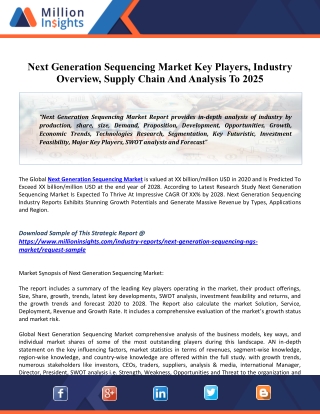 Global Next Generation Sequencing Market Overview, Growth, Economics, Demand 2025