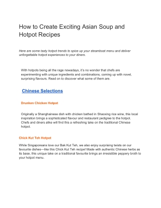 How to Create Exciting Asian Soup and Hotpot Recipes