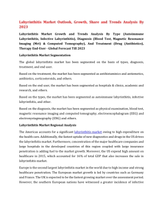 Labyrinthitis Market Outlook, Growth, Share and Trends Analysis By 2023