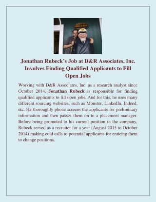 Jonathan Rubeck’s Job at D&R Associates, Inc. Involves Finding Qualified Applicants to Fill Open Jobs