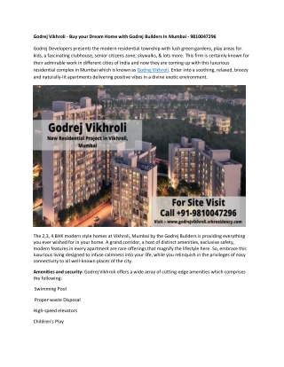Godrej Vikhroli - Buy your Dream Home with Godrej Builders In Mumbai - 9810047296