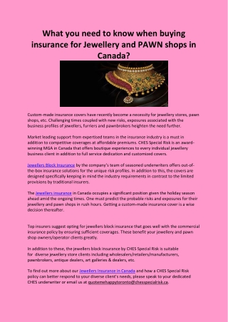 What you need to know when buying insurance for Jewellery and PAWN shops in Canada?