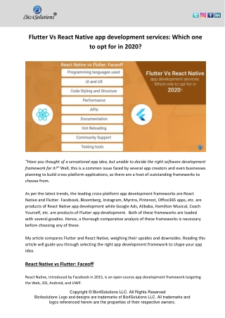 Flutter Vs React Native app development services: Which one to opt for in 2020?