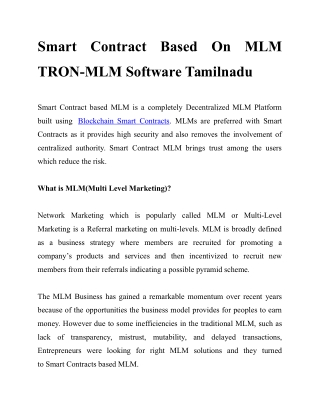 Smart Contract Based On MLM TRON-MLM Software Tamilnadu