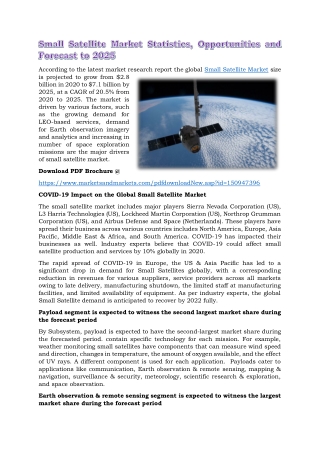 Small Satellite Market Statistics, Opportunities and Forecast to 2025