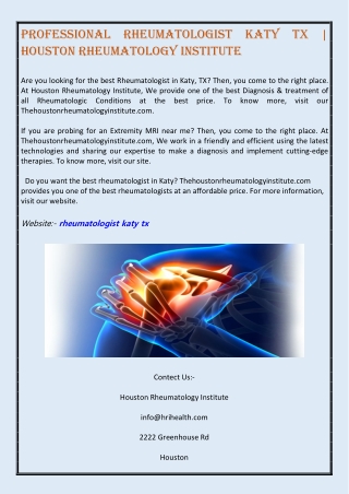 Professional Rheumatologist Katy Tx | Houston Rheumatology Institute
