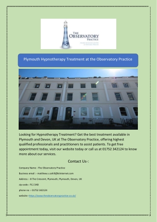 Plymouth Hypnotherapy Treatment at the Observatory Practice