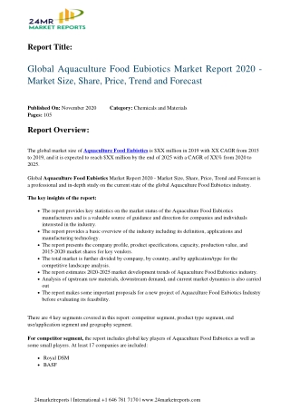 Aquaculture Food Eubiotics Market Report 2020