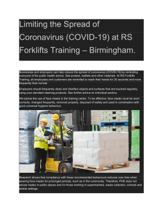 Limiting the Spread of Coronavirus (COVID-19) at RS Forklifts Training – Birmingham.