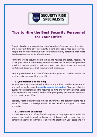 Tips to Hire the Best Security Personnel for Your Office