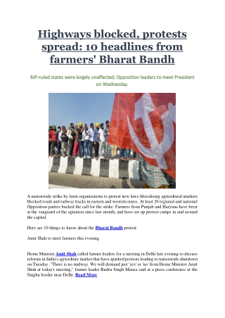 Highways blocked, protests spread: 10 headlines from farmers' Bharat Bandh