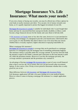Mortgage Insurance V/s. Life Insurance: What meets your needs?