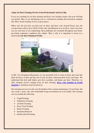 Adopt Air Duct Cleaning Services From Professionals And Save Big