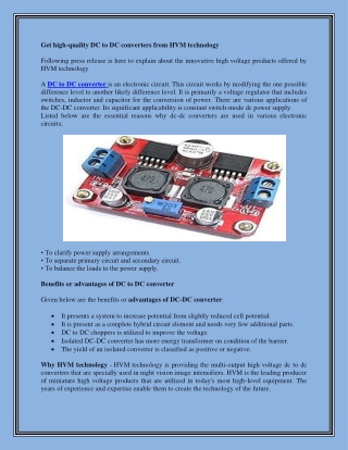 Get high-quality DC to DC converters from HVM technology