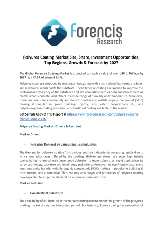 Polyurea Coating Market Will Reflect Significant Growth Prospects During 2020-2027