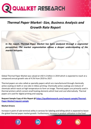 Thermal Paper Market Size, Demand, Analysis and Forecast Report to 2027