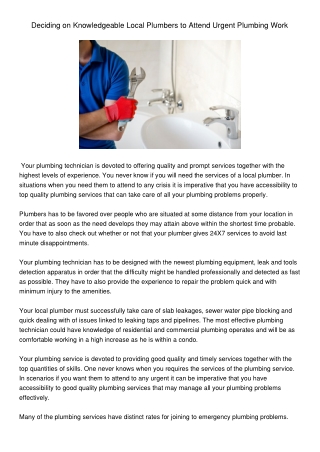 DecidingonExperiencedLocalPlumberstovisitUnexpectedemergencyPlumbingWork