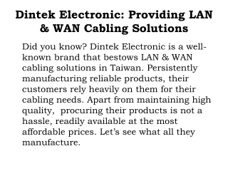 Dintek Electronic: Providing LAN & WAN Cabling Solutions