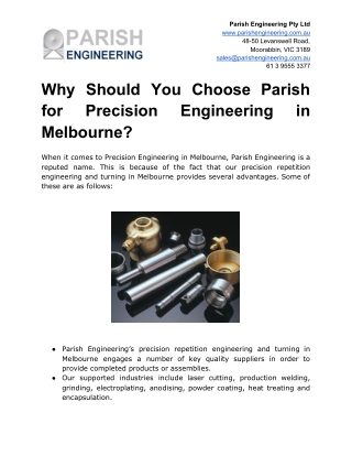 Why Should You Choose Parish for Precision Engineering in Melbourne?