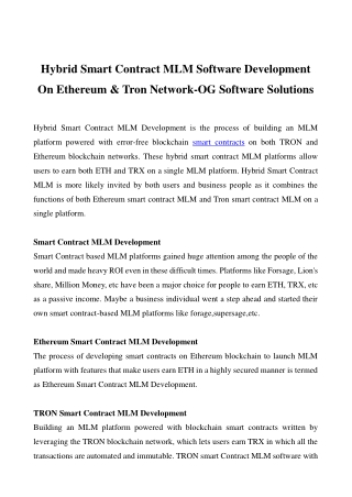 Hybrid Smart Contract MLM Software Development On Ethereum & Tron Network-OG Software Solutions