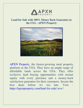 Land for Sale with 100% Money Back Guarantee in the USA - APXN Property