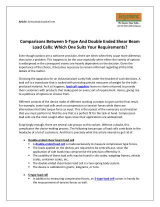 Comparisons Between S-type and Double Ended Shear Beam Load Cells: Which One Suits Your Requirements?