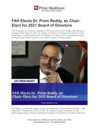 FAH Elects Dr. Prem Reddy, as Chair-Elect for 2021 Board of Directors