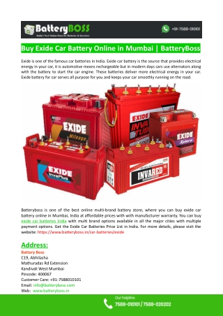 Exide Car Batteries Price List