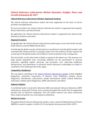 Clinical Reference Laboratories Market Dynamics, Insights, Share and Growth Estimation By 2027