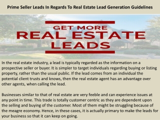 Prime Seller Leads Reviews - Prime Seller Leads In Regards To Real Estate Lead Generation Guidelines
