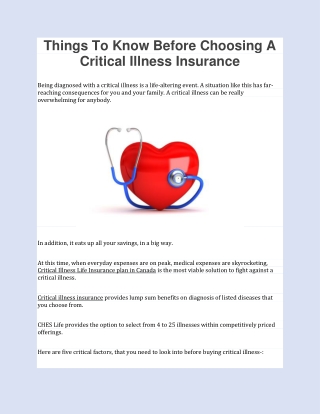 Things To Know Before Choosing A Critical Illness Insurance