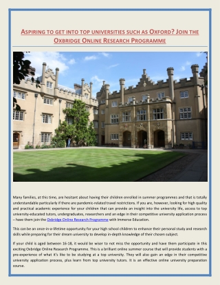 ASPIRING TO GET INTO TOP UNIVERSITIES SUCH AS OXFORD? JOIN THE OXBRIDGE ONLINE RESEARCH PROGRAMME