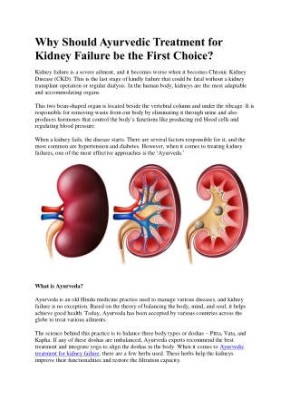 Why Should Ayurvedic Treatment for Kidney Failure be the First Choice