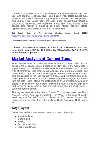 Canned Tuna Market 2020 : Top Countries Data, Market Size, Share Analysis to 2026