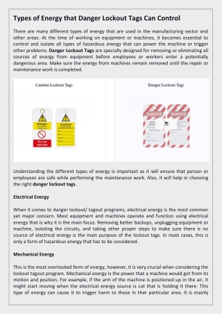 Types of Energy that Danger Lockout Tags Can Control