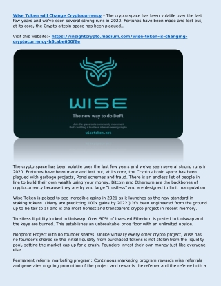 Wise Token will Change Cryptocurrency