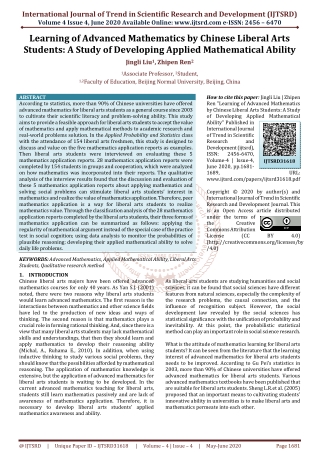 Learning of Advanced Mathematics by Chinese Liberal Arts Students A Study of Developing Applied Mathematical Ability