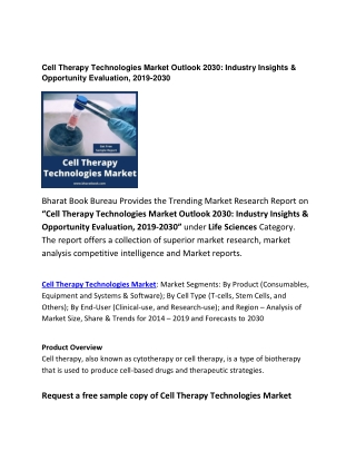 Global Cell Therapy Technologies Market Forecast 2019-2030