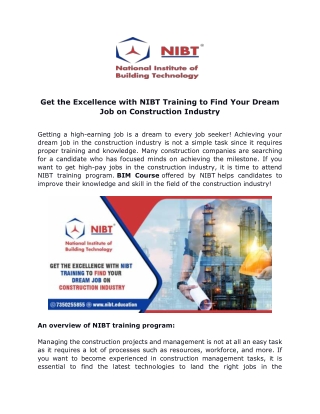 Get the Excellence with NIBT Training to Find Your Dream Job on Construction Industry