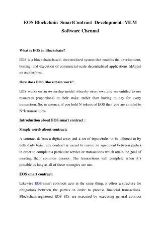 EOS Blockchain  SmartContract  Development- MLM Software Chennai