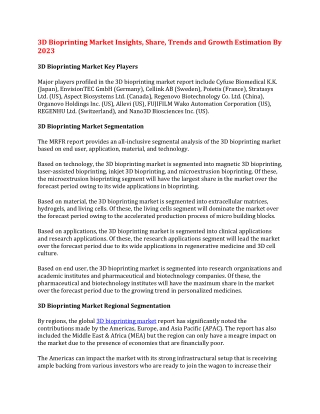 3D Bioprinting Market Insights, Share, Trends and Growth Estimation By 2023