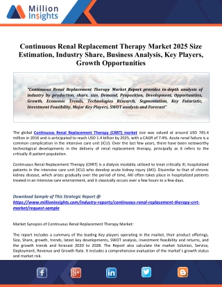 Continuous Renal Replacement Therapy Market Revenue, Pricing Trends, Growth Opportunity, Regional Outlook And Forecast T