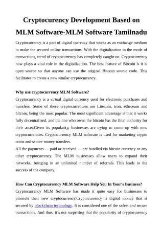 Cryptocurency Development Based On MLM Software-MLM Software Tamilnadu