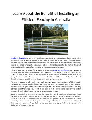 Learn About the Benefit of Installing an Efficient Fencing in Australia