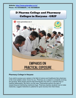 D Pharma College and Pharmacy Colleges in Haryana - GRIP