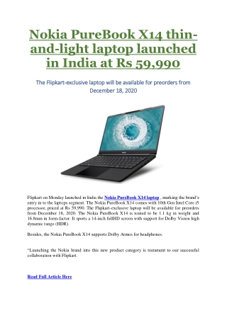 Nokia PureBook X14 thin-and-light laptop launched in India at Rs 59,990