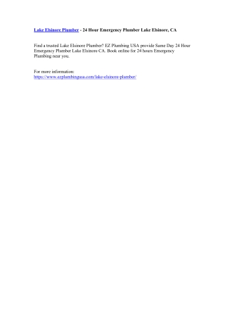 Lake Elsinore Plumber - 24 Hour Emergency Plumber Lake Elsinore, CA