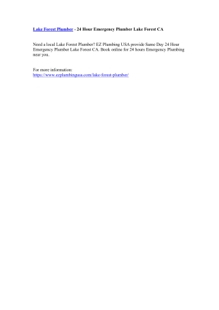 Lake Forest Plumber - 24 Hour Emergency Plumber Lake Forest CA